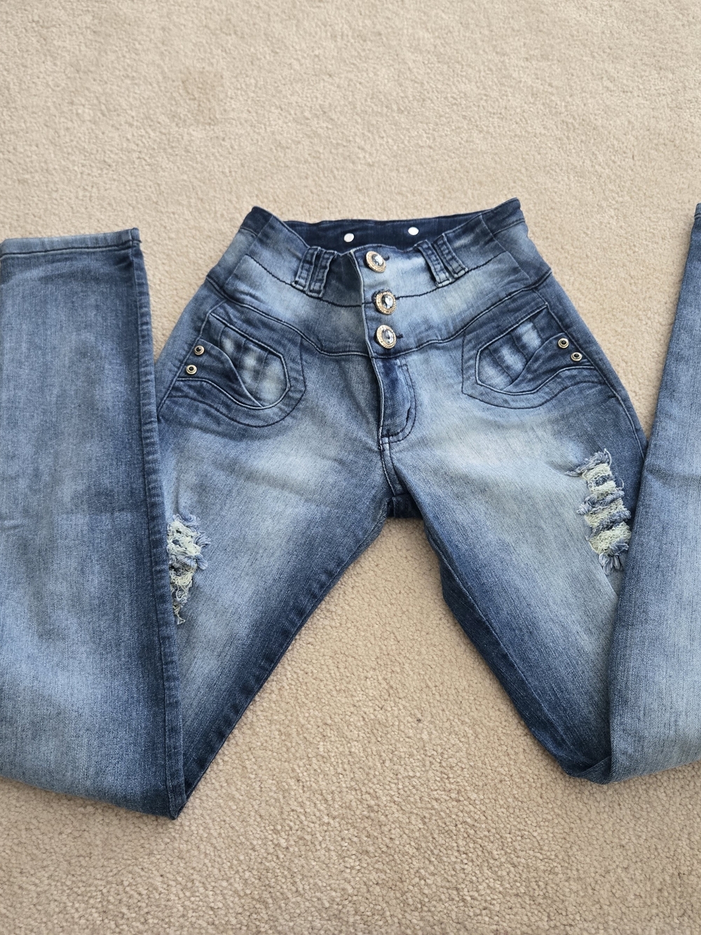 Triple-Button High-Rise Women's Jeggings in Faded Blue Wash